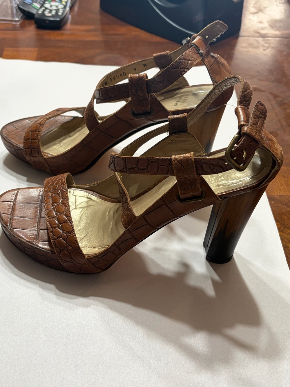 Stuart Weitzman Brown Croc-Embossed Leather Block Heel Sandals